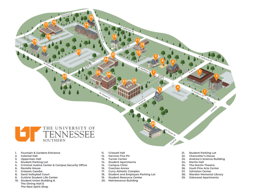 Illustration of the campus with building and parking locations