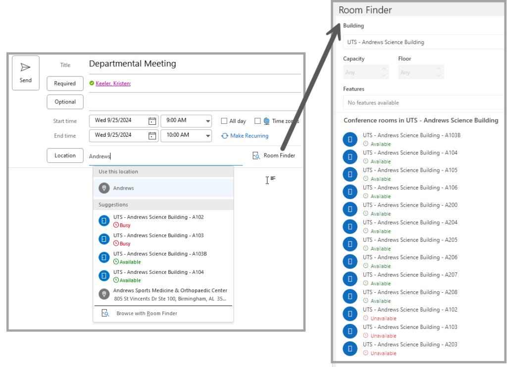 Screenshot of a meeting invite in outlook showing meeting locations